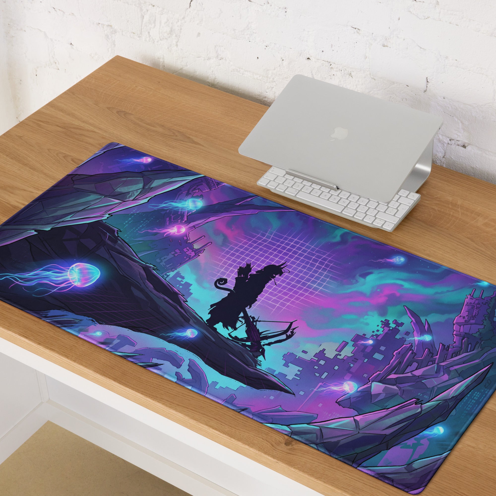 Vibrant purple and teal vaporwave neon nightscape gaming mouse pad with character silhouette and glowing jellyfish design