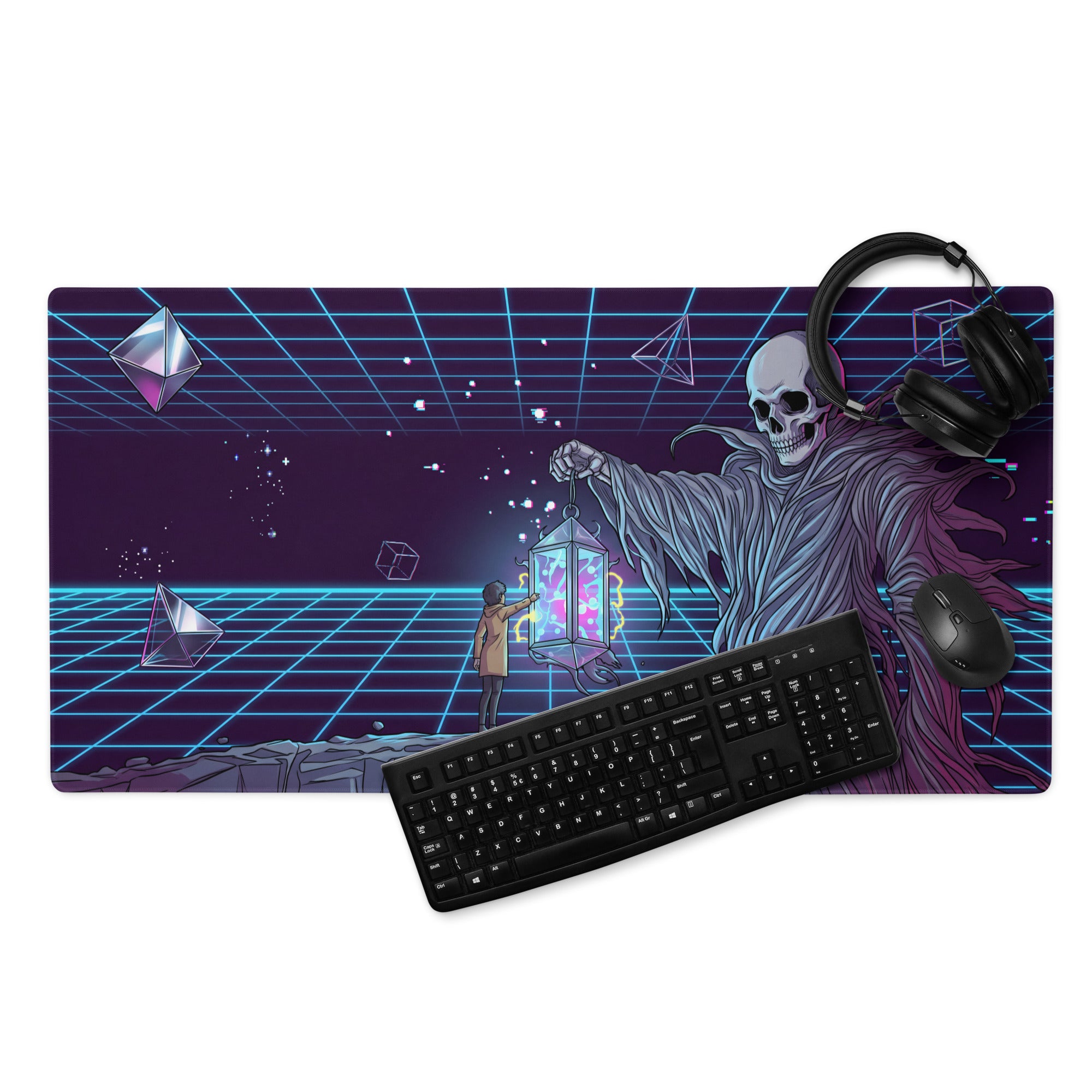 Narrow rectangular gaming mousepad with neon purple vaporwave skeleton design holding lantern on retro digital grid background