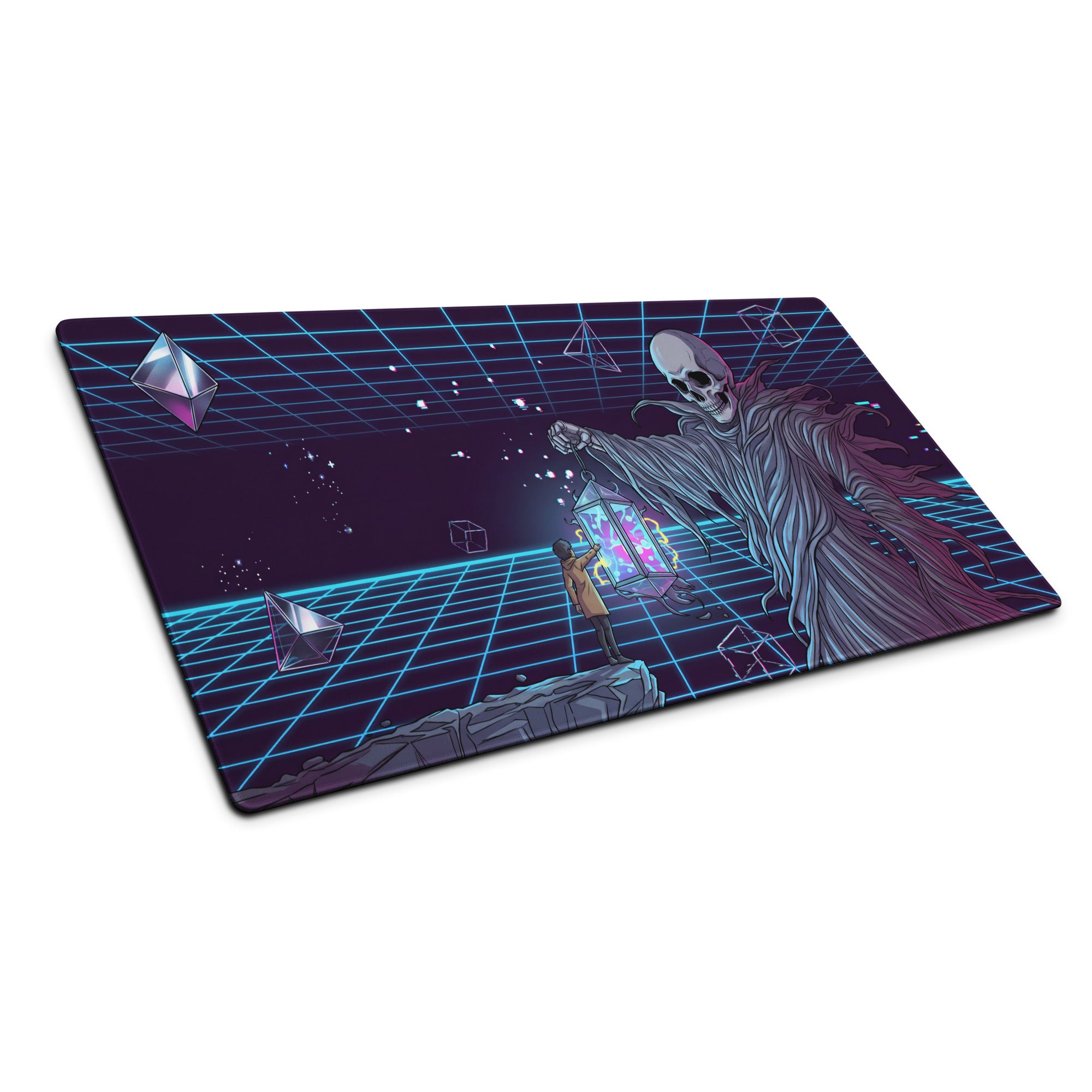 Narrow rectangular gaming mousepad with neon purple vaporwave design featuring grim reaper and glowing grid lines