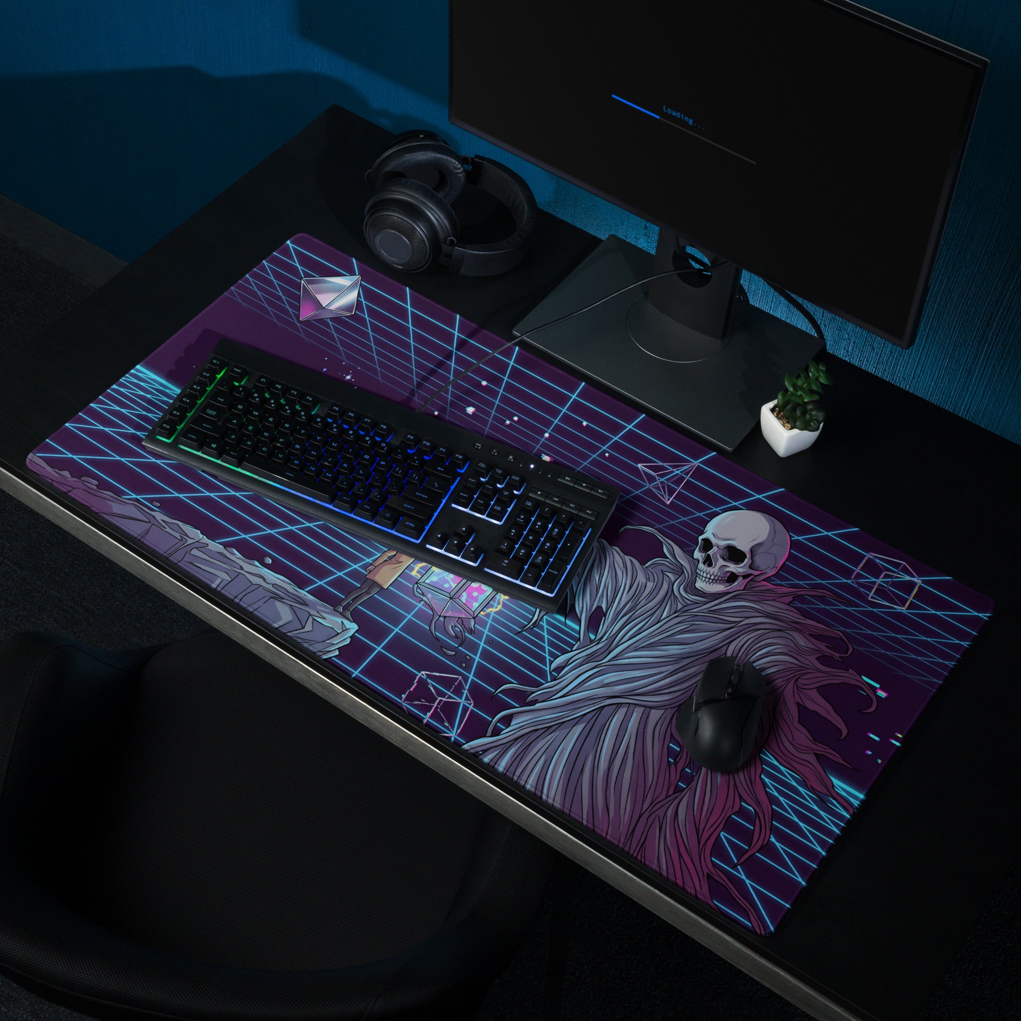 Large rectangular neon vaporwave skeleton gaming mousepad in purple and blue with cyberpunk digital art design