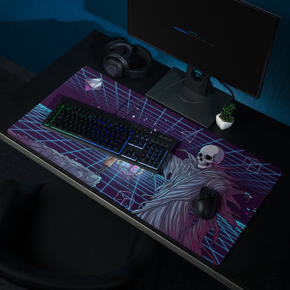 Large rectangular neon vaporwave skeleton gaming mousepad in purple and blue with cyberpunk digital art design