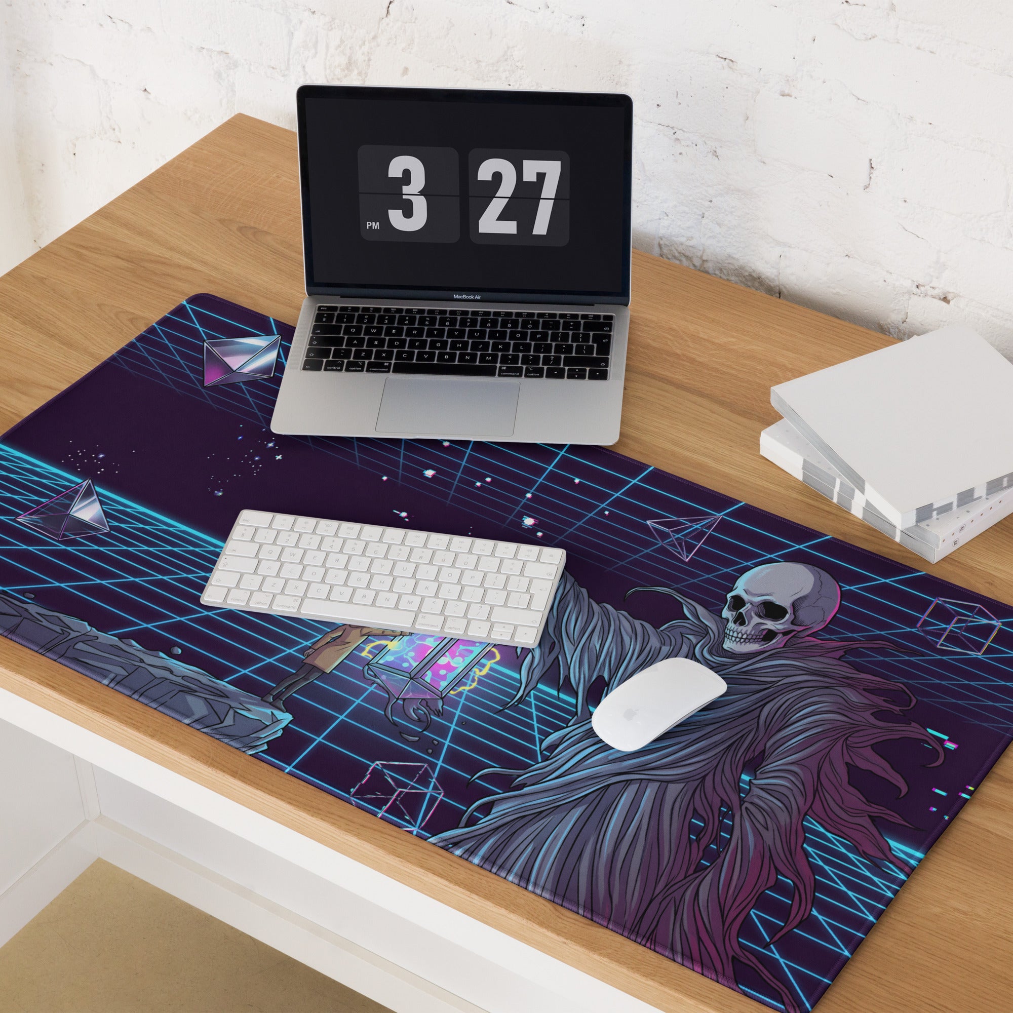Navy blue and purple retro-futuristic gaming mousepad with a skeletal figure and grid design for neon vaporwave style