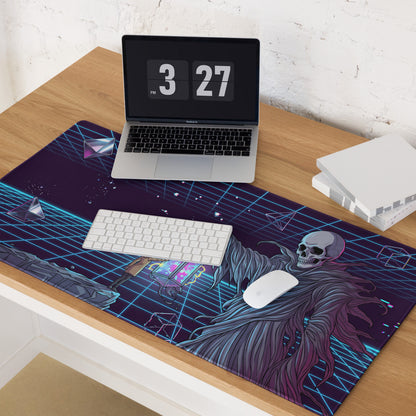 Navy blue and purple retro-futuristic gaming mousepad with a skeletal figure and grid design for neon vaporwave style