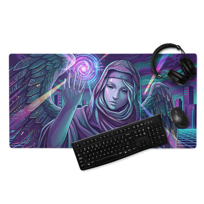 Vibrant purple and teal vaporwave winged neon mouse pad with futuristic angelic figure and cityscape design for gaming desk