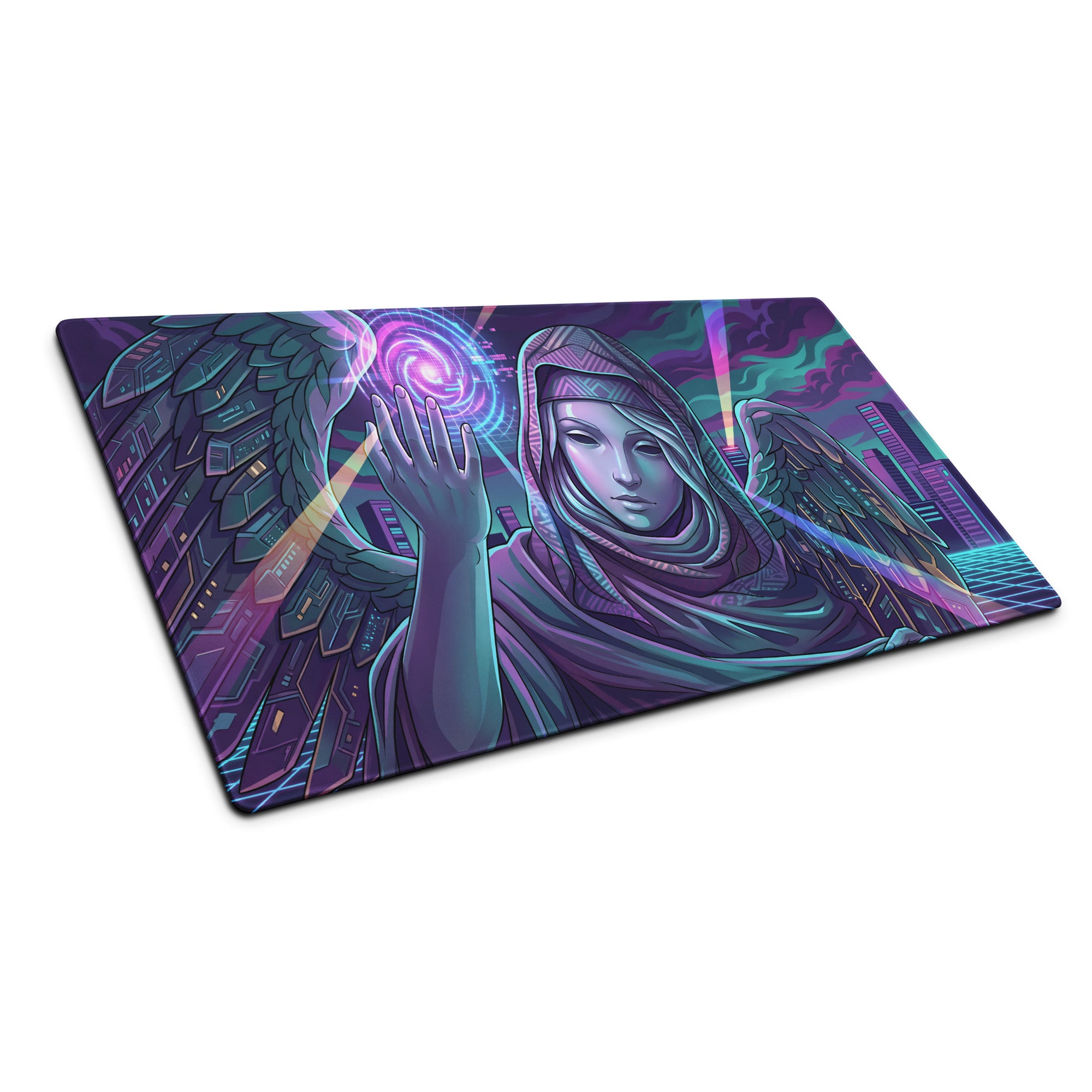 Vaporwave winged neon mouse pad featuring a vibrant purple pink teal winged angel design on a neon cityscape background