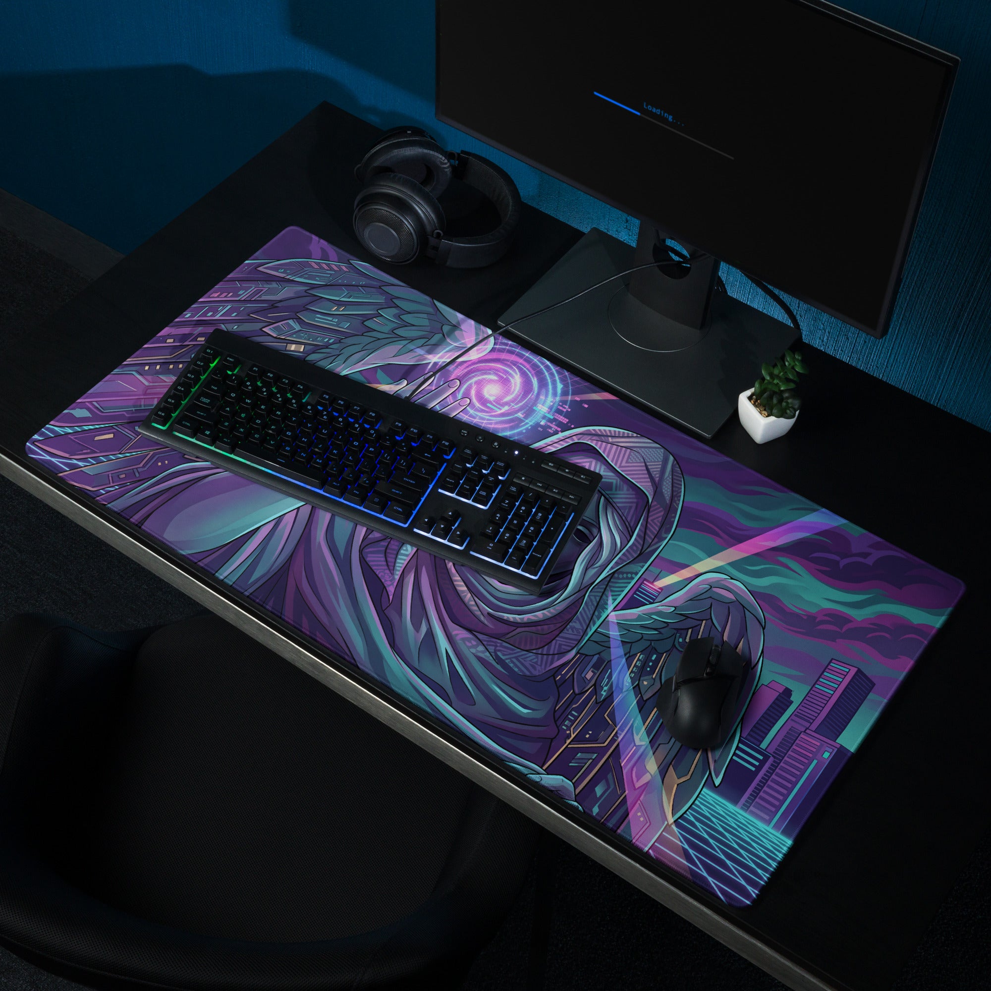 A vibrant purple teal gaming mousepad with a winged angel illustration and cosmic cityscape vaporwave design