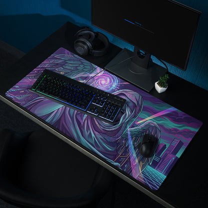 A vibrant purple teal gaming mousepad with a winged angel illustration and cosmic cityscape vaporwave design