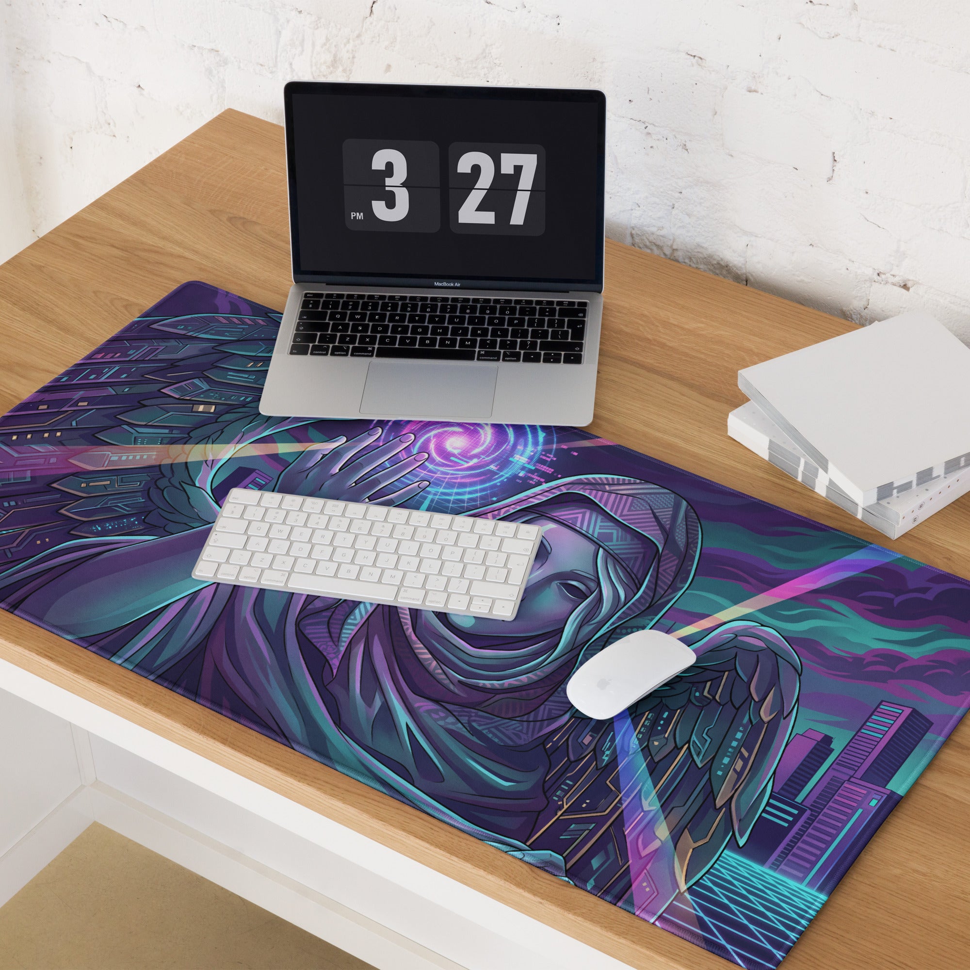 Vibrant purple and teal vaporwave winged neon mouse pad with digital angel design on futuristic cityscape background