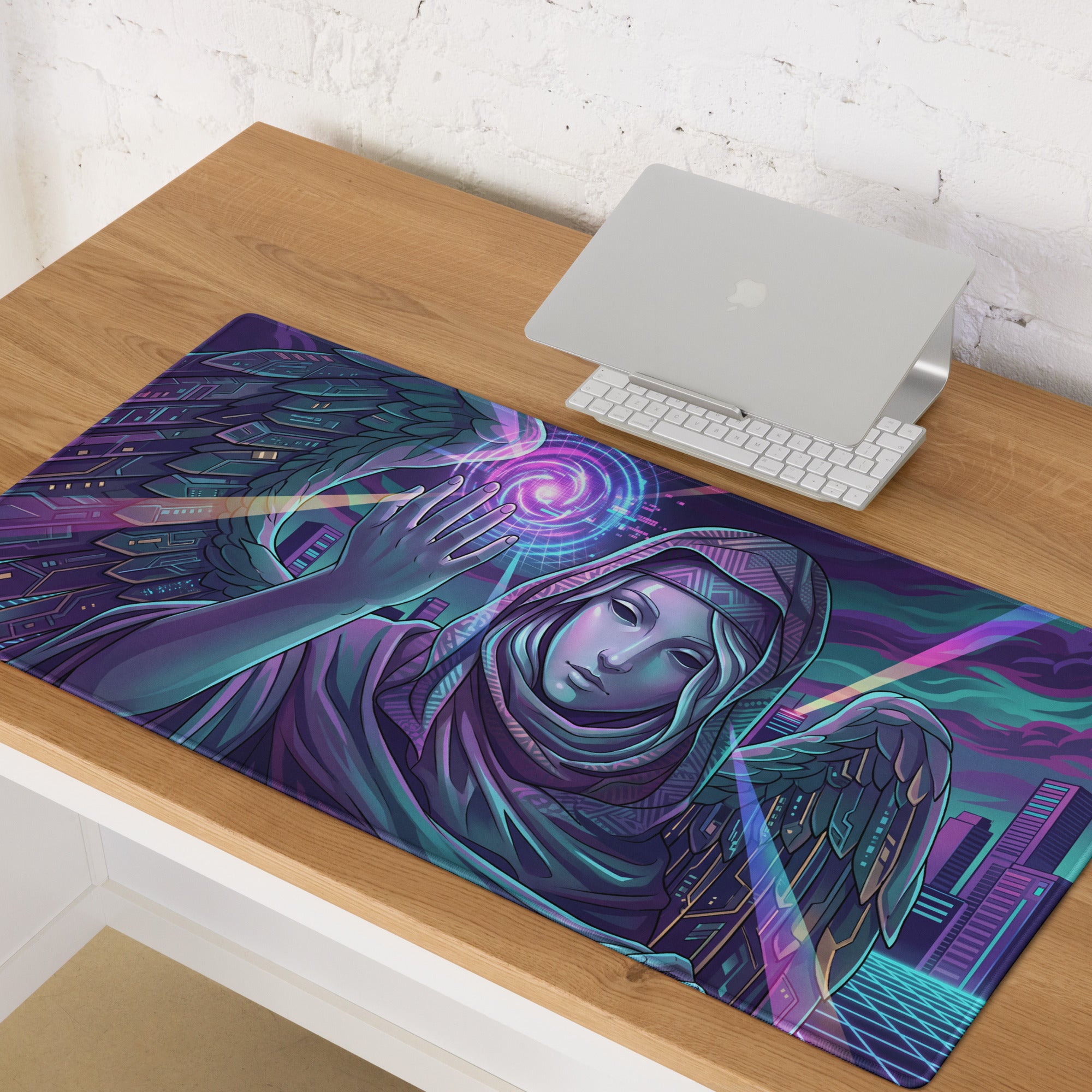A vibrant purple and teal vaporwave winged neon mouse pad featuring a futuristic angel and neon cityscape design