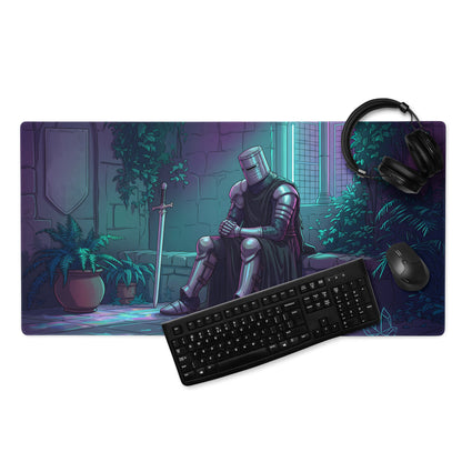 Neon knight vaporwave rectangular gaming mousepad with silver knight and sword on purple and teal stone courtyard design
