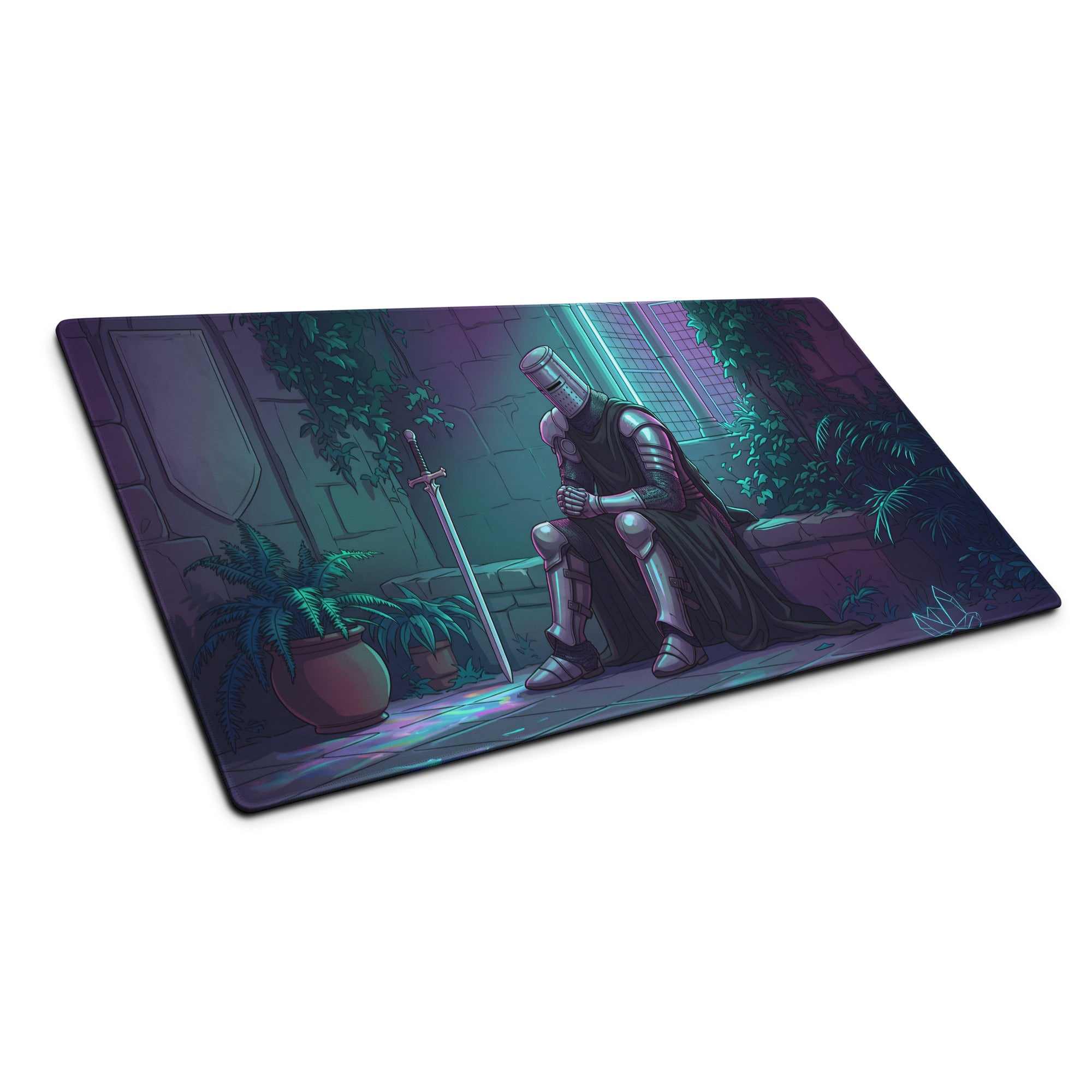 Rectangular neon knight vaporwave mouse pad with silver knight illustration and purple teal lighting on stone courtyard