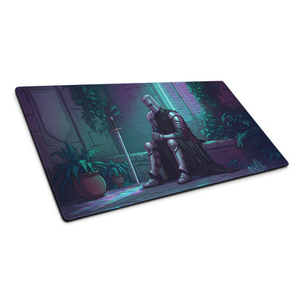 Rectangular neon knight vaporwave mouse pad with silver knight illustration and purple teal lighting on stone courtyard