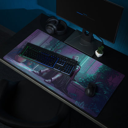 A vibrant anime-themed neon knight vaporwave mouse pad with detailed character art in purple and blue cyberpunk lighting
