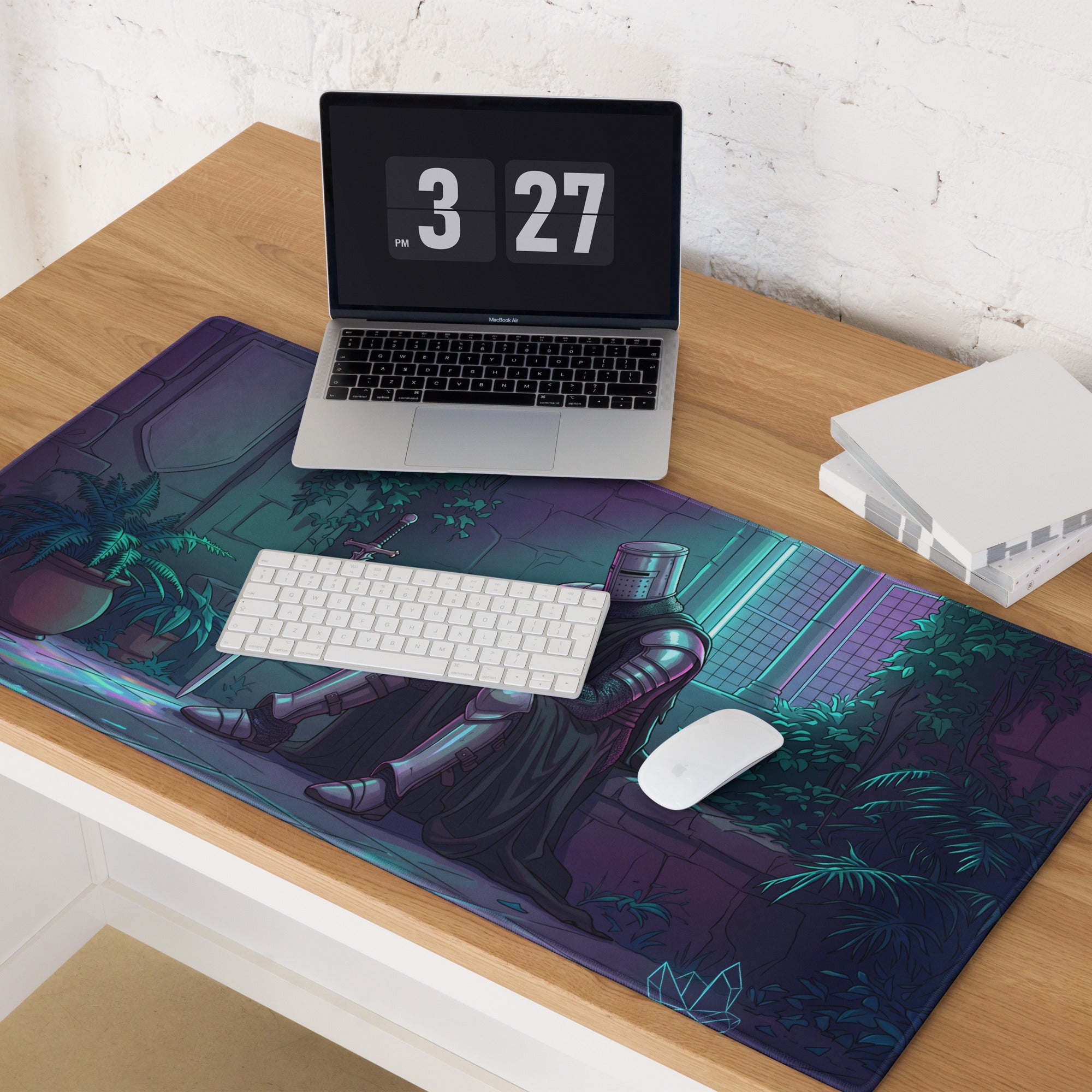Neon knight vaporwave mouse pad featuring a dark blue and teal design with a knight in armor amidst glowing foliage