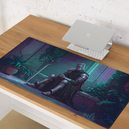 Neon knight vaporwave rectangular gaming mousepad featuring a knight in dark armor with neon purple blue cyberpunk design