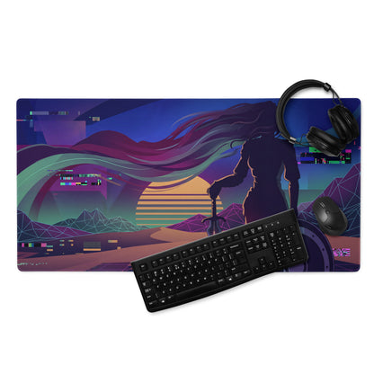 Vaporwave neon gamer desk pad featuring a vibrant retro-futuristic warrior silhouette with purple pink glitch effects