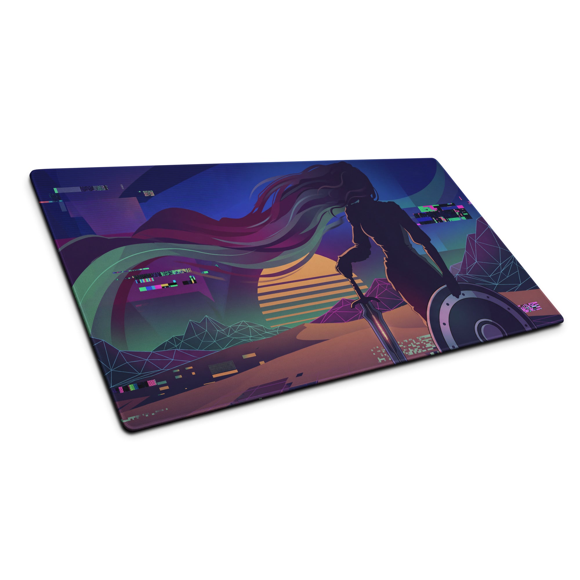 Vaporwave neon gamer desk pad featuring a vibrant warrior illustration with sword and shield on a purple pink backdrop