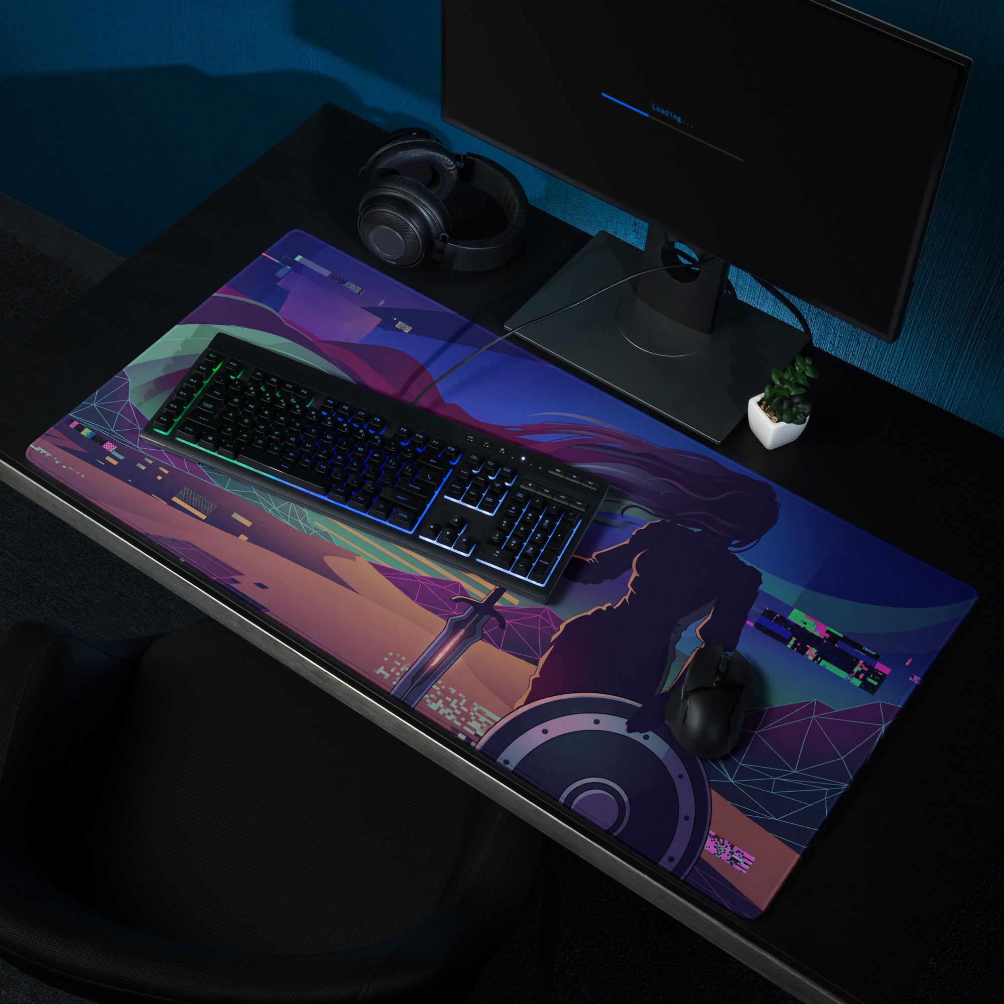 Vaporwave neon gamer desk pad featuring a vibrant anime warrior with sword and shield on purple pink geometric background