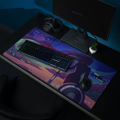 Vaporwave neon gamer desk pad featuring a vibrant anime warrior with sword and shield on purple pink geometric background