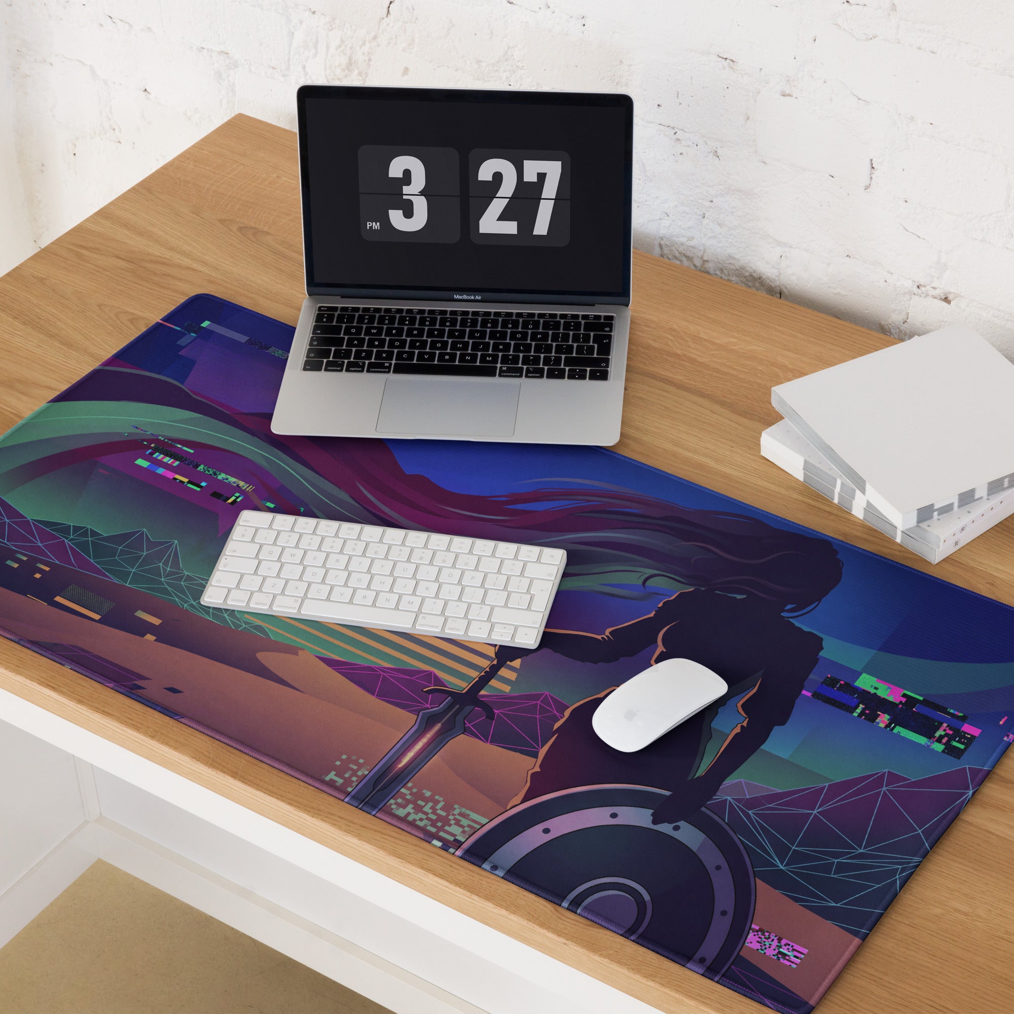 Vibrant purple and teal vaporwave neon gamer desk pad with stylized warrior silhouette and geometric patterns