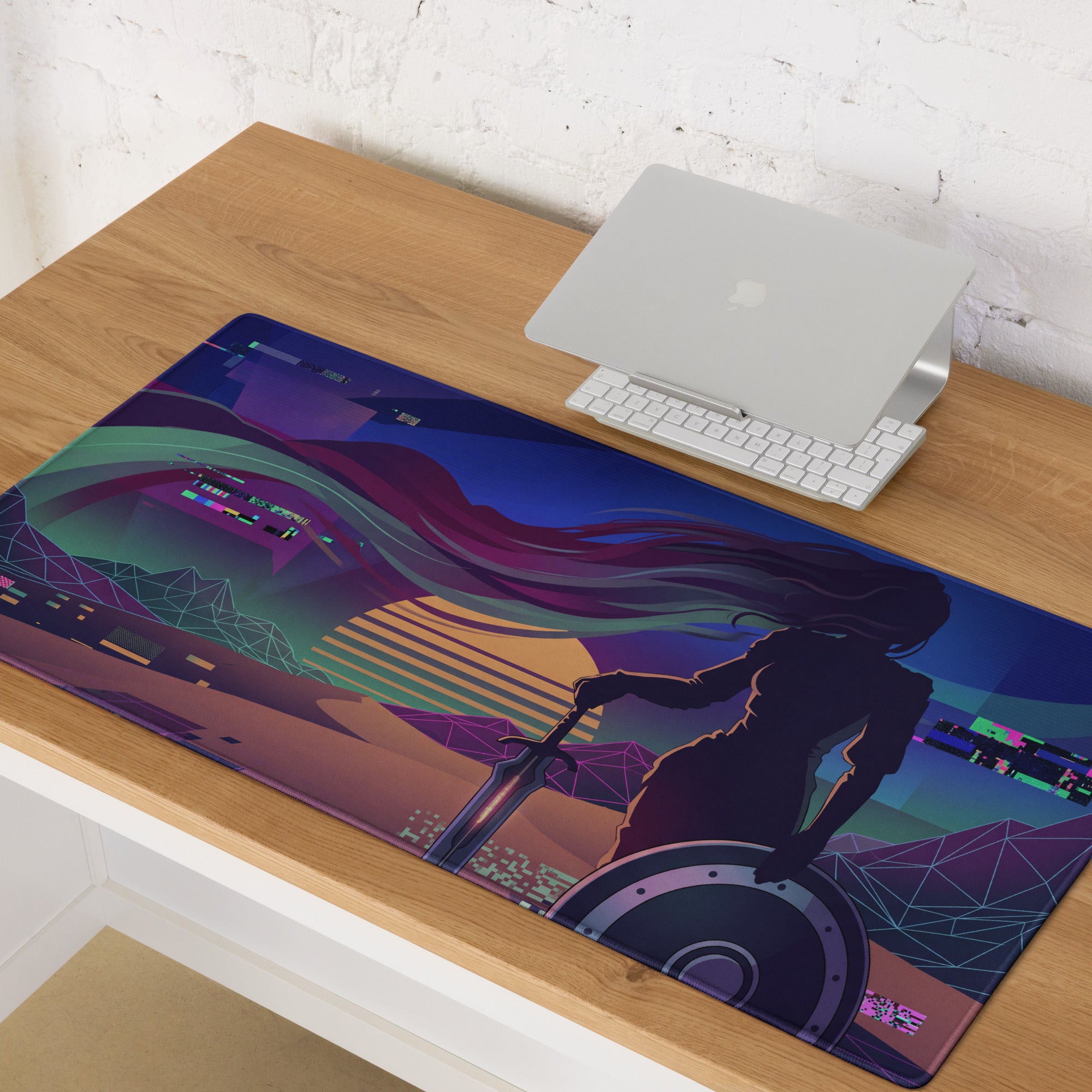 Vaporwave neon gamer desk pad mouse pad in vibrant purple and teal with a warrior silhouette and futuristic cityscape design