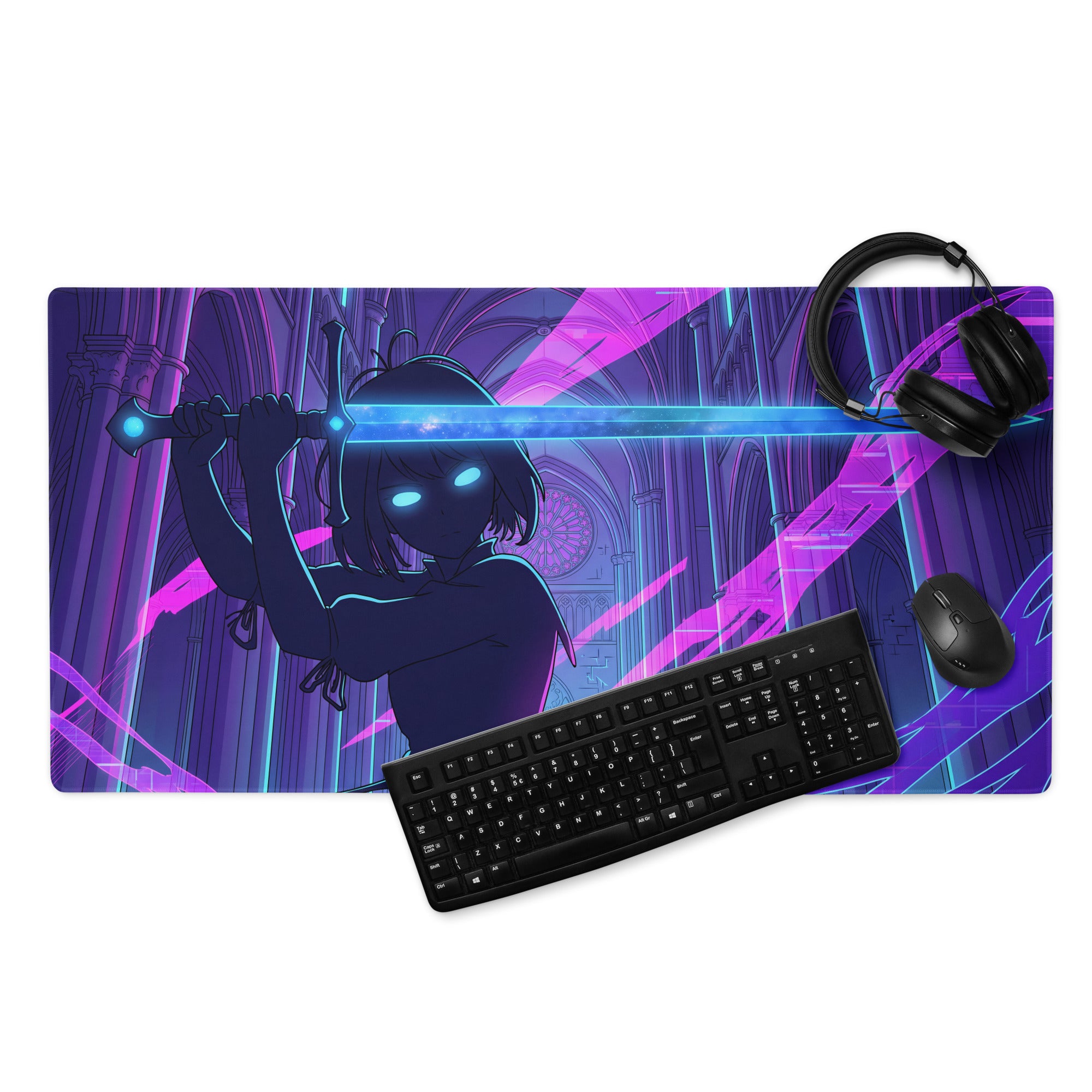 Neon vaporwave office mouse pad with vibrant purple and blue neon anime character wielding glowing sword design