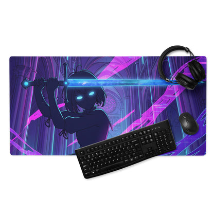 Neon vaporwave office mouse pad with vibrant purple and blue neon anime character wielding glowing sword design