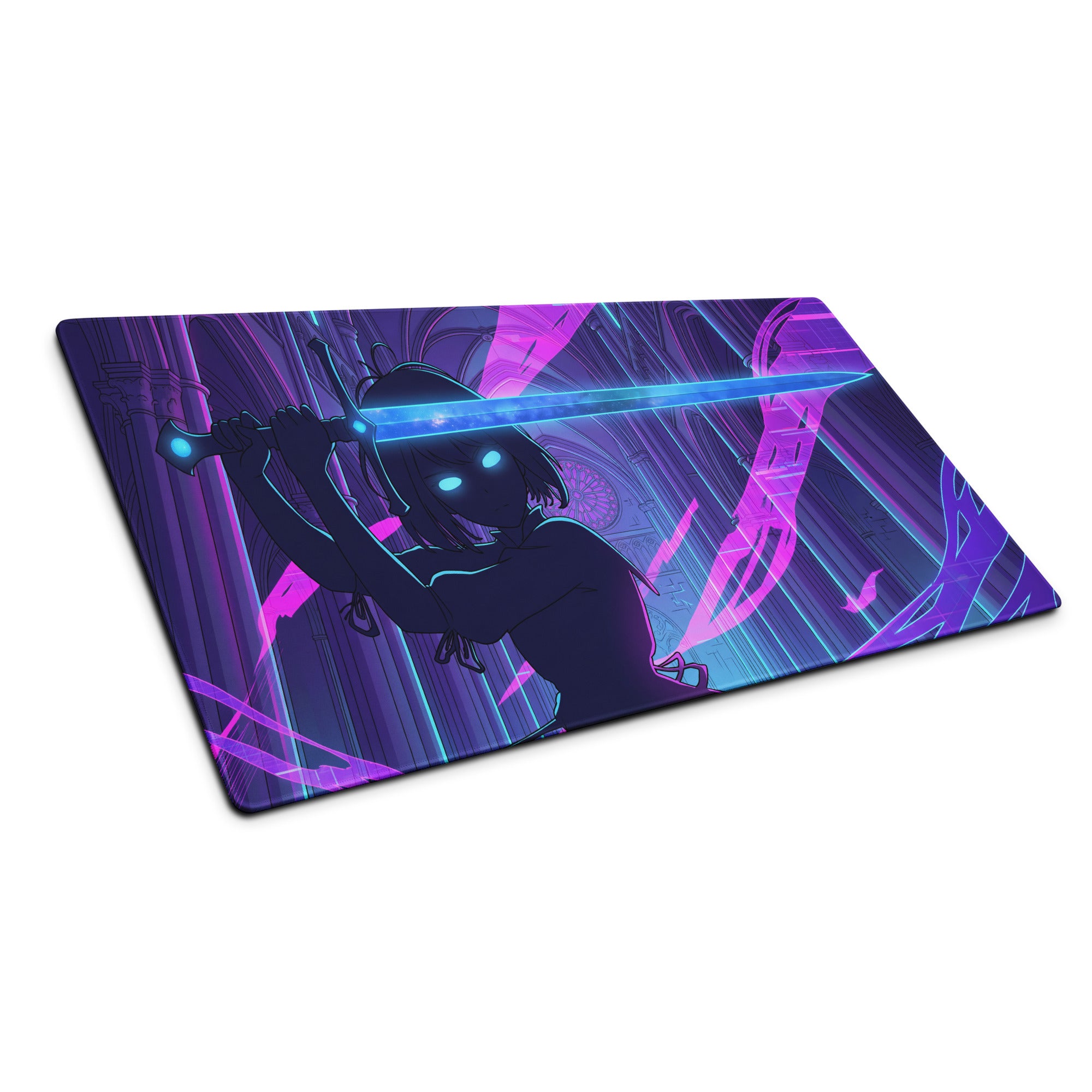 Narrow rectangular neon vaporwave gaming mouse pad with stylized anime character and glowing blue eyes on purple background