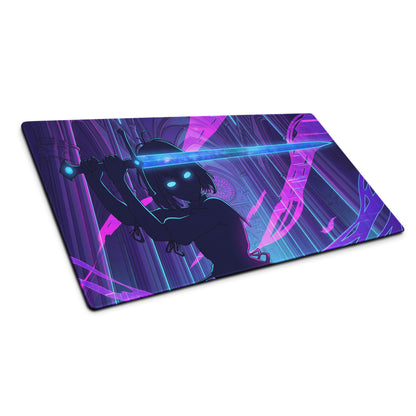 Narrow rectangular neon vaporwave gaming mouse pad with stylized anime character and glowing blue eyes on purple background