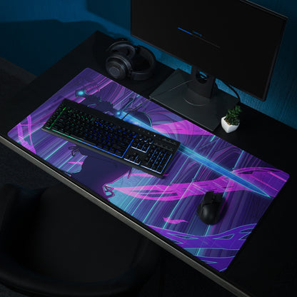 A vibrant purple and blue neon vaporwave gaming mouse pad featuring a stylized anime character design for desk setup