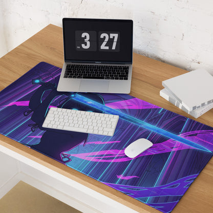 Vibrant purple and blue neon vaporwave gaming mouse pad with stylized anime character and glowing sword design
