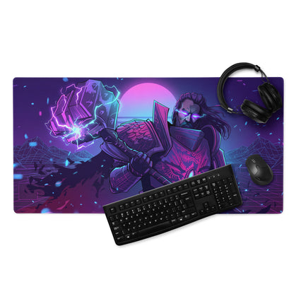 Neon vaporwave combat mouse pad with purple pink blue neon design of a warrior holding lightning hammer on retro landscape
