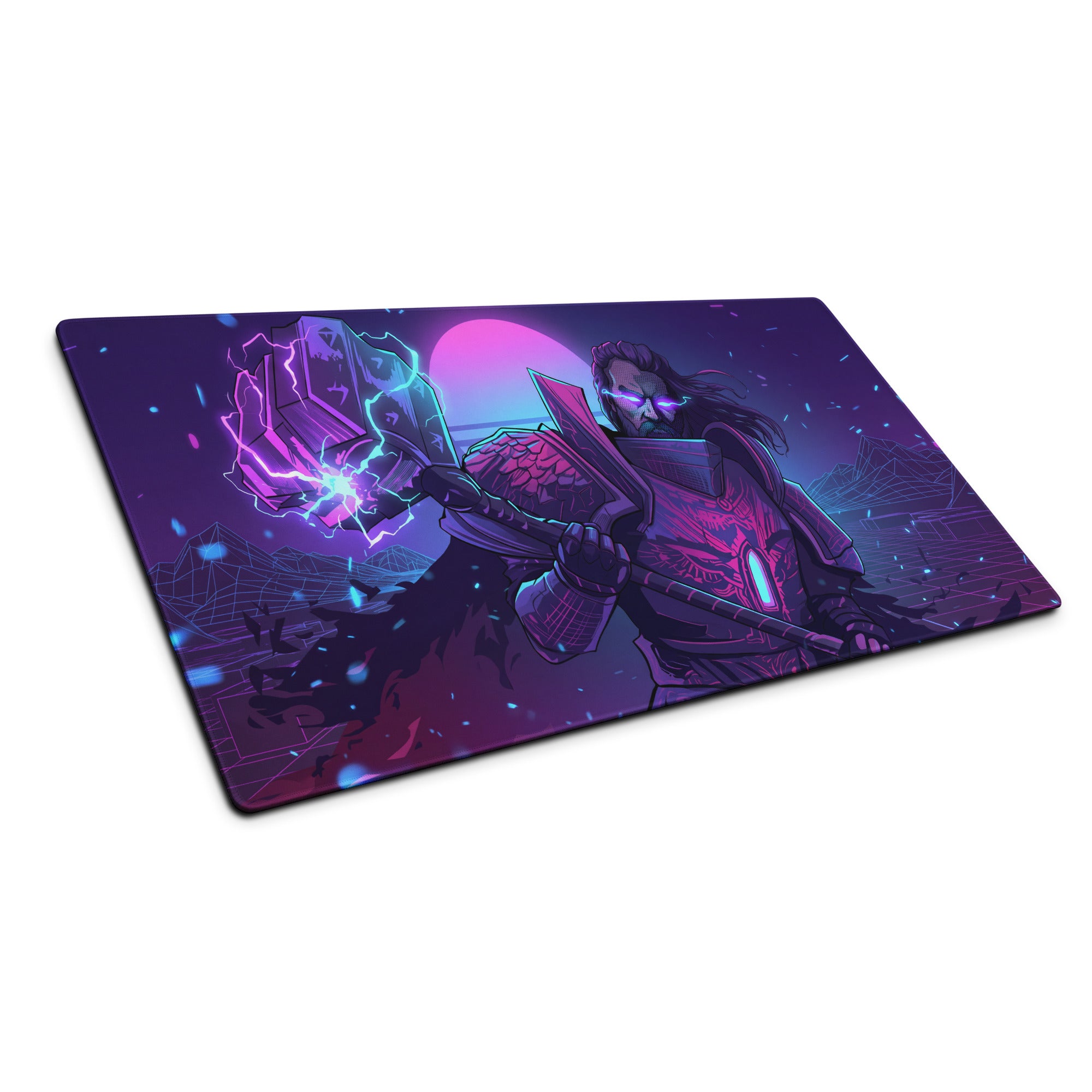 Neon vaporwave combat gaming mousepad with purple and blue neon design featuring a fantasy warrior with glowing weapons
