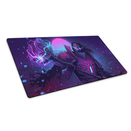 Neon vaporwave combat gaming mousepad with purple and blue neon design featuring a fantasy warrior with glowing weapons