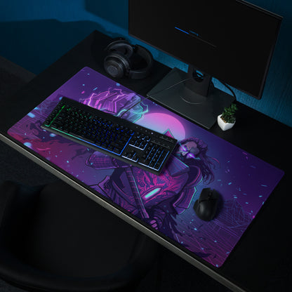 Neon vaporwave combat mouse pad with purple pink and blue neon colors featuring a stylized warrior design
