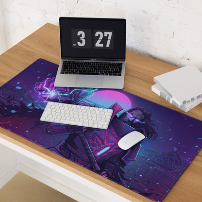 Purple and blue neon vaporwave combat gaming mouse pad with a detailed futuristic warrior on a wooden desk