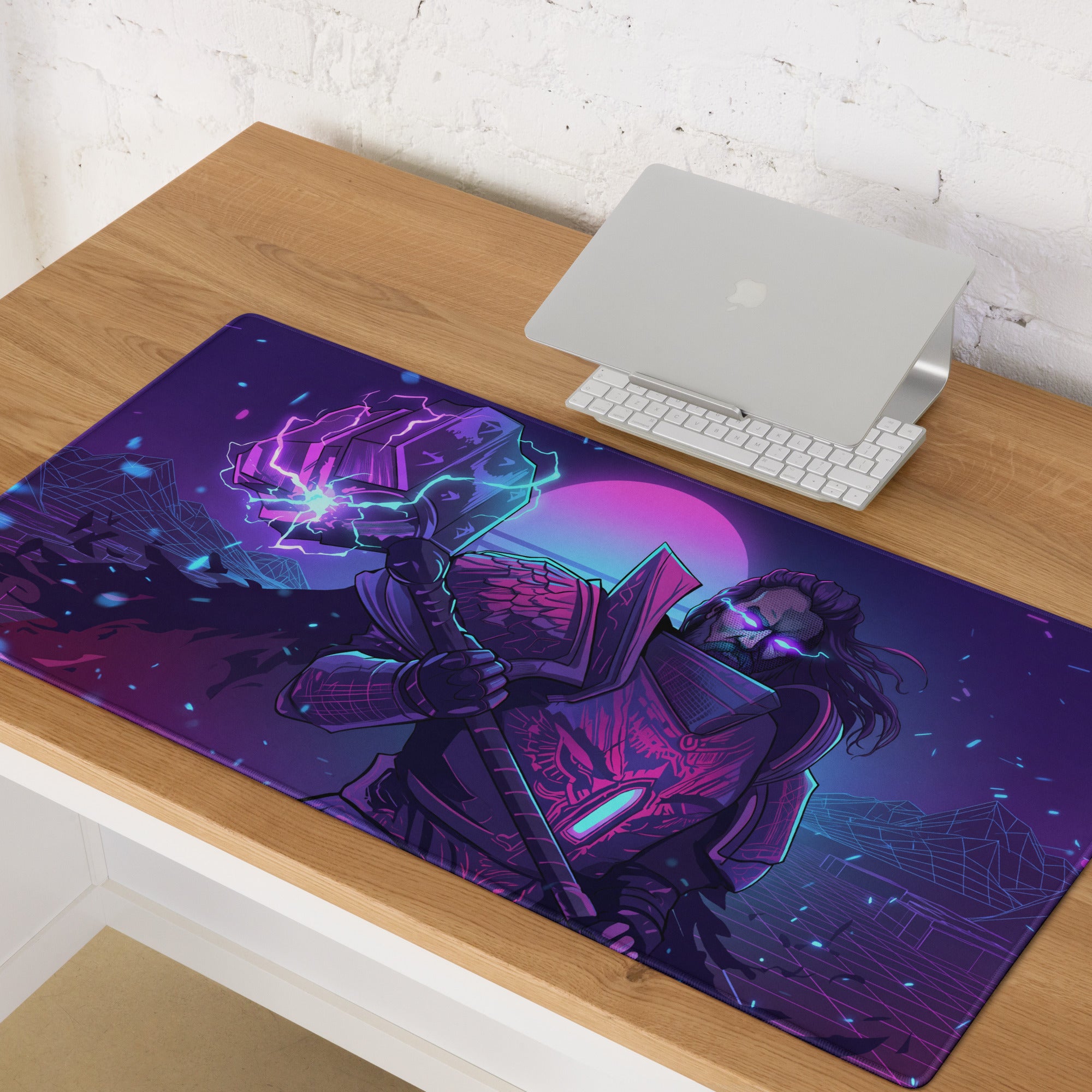 Neon vaporwave combat mouse pad with purple pink blue neon colors featuring a warrior holding a glowing hammer
