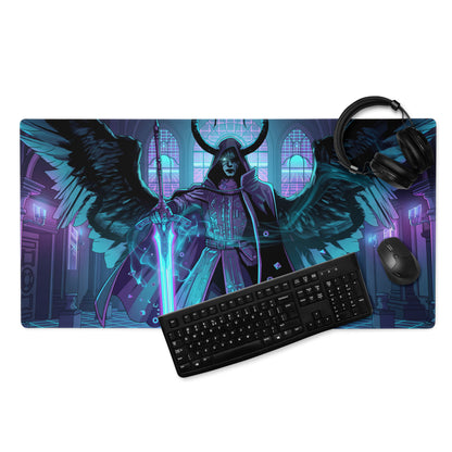 Neon angel wings vaporwave gaming mousepad with dark fantasy angel, black wings, horns, and glowing blue sword design