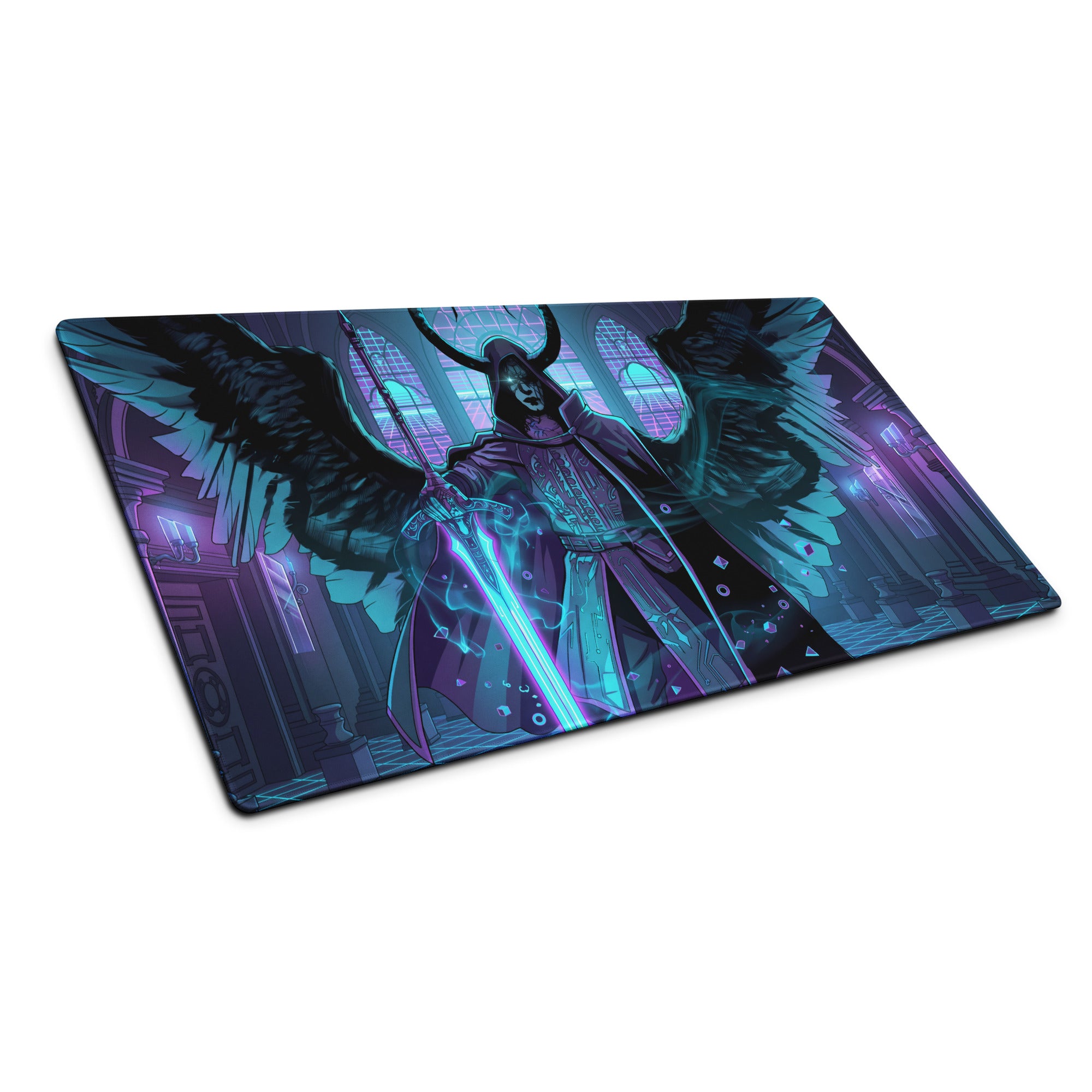 A rectangular gaming mousepad with a neon purple blue vaporwave design featuring an angel with black wings and glowing sword