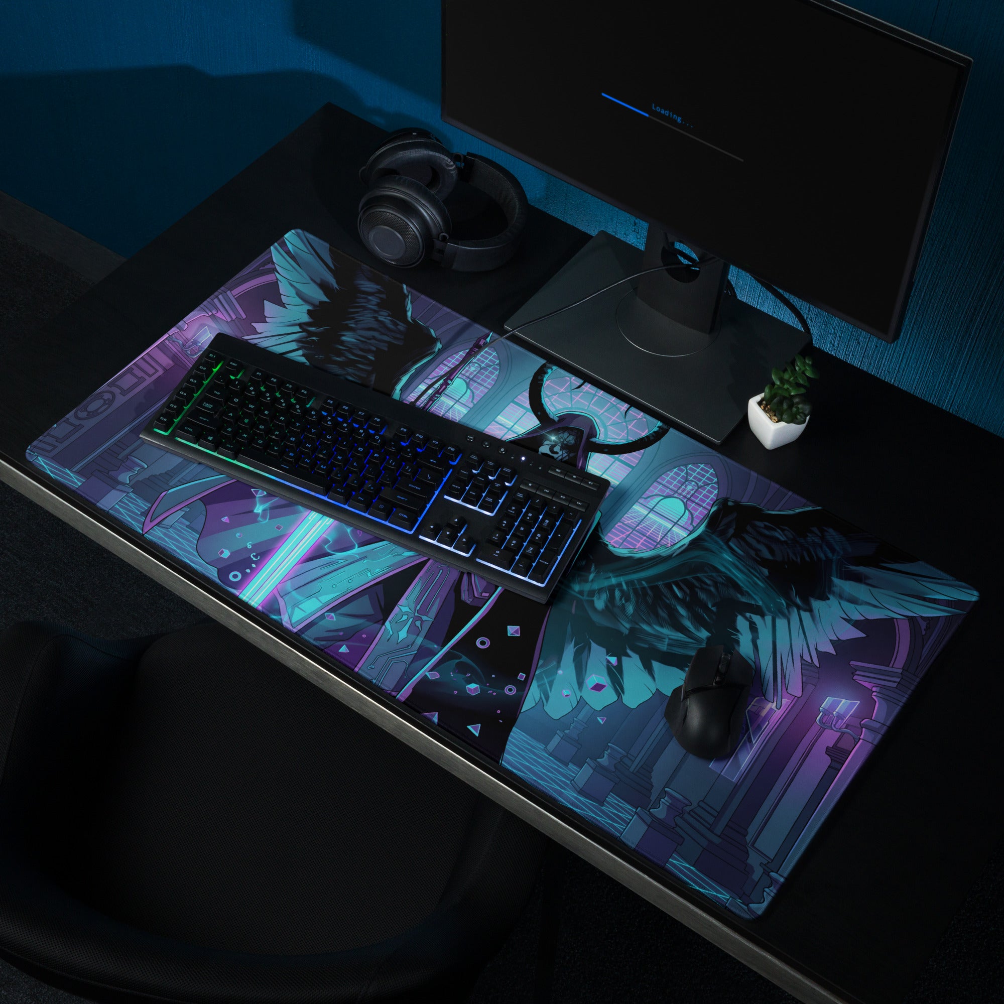 A vibrant anime-themed gaming mousepad with teal and purple angel wings illustration for vaporwave desk decor