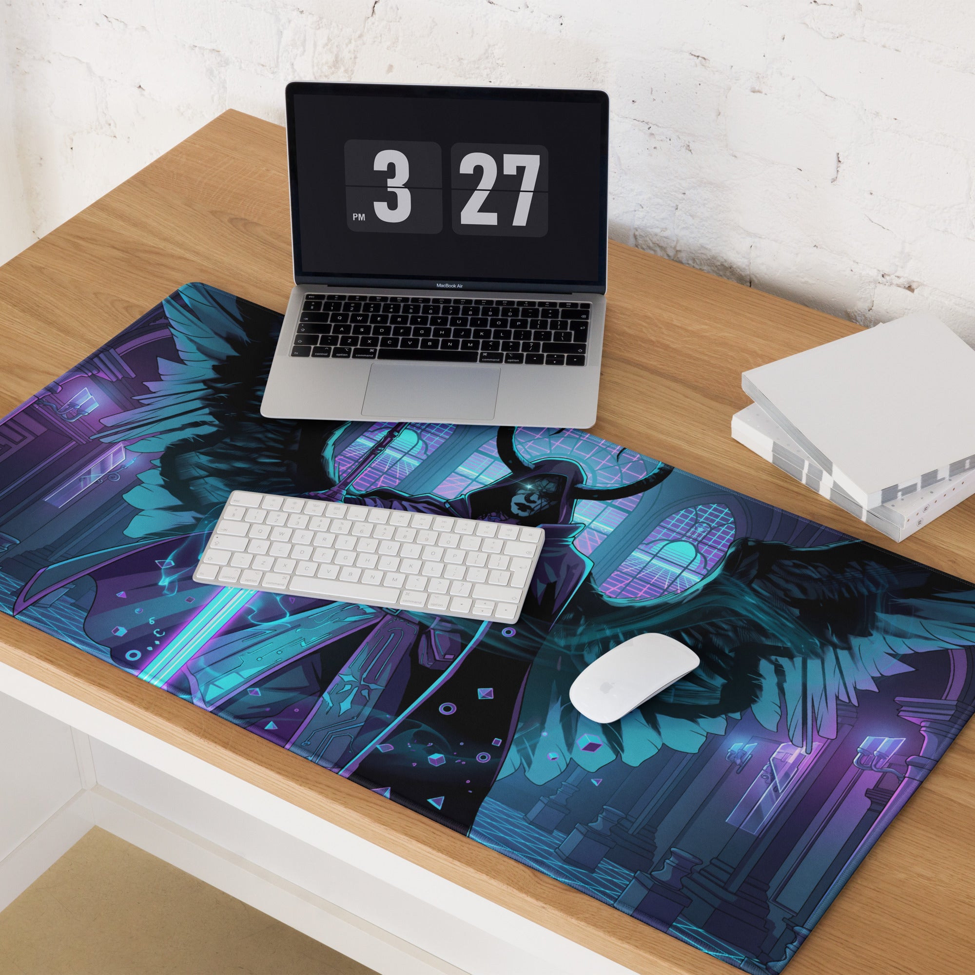A vibrant gaming mousepad with neon purple and blue angel wings design featuring a dark fantasy cityscape