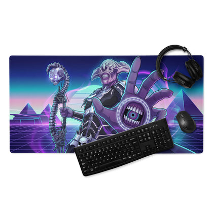Neon vaporwave gamer pad gaming mouse pad in purple and teal with skeletal alien holding skull staff digital art design