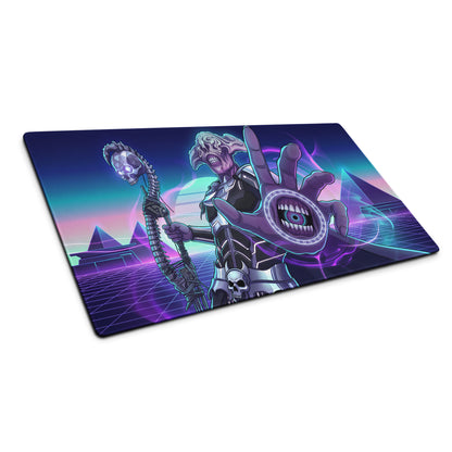 Nineteen-inch rectangular gaming mousepad with vibrant purple and teal neon vaporwave design featuring cyberpunk skeleton