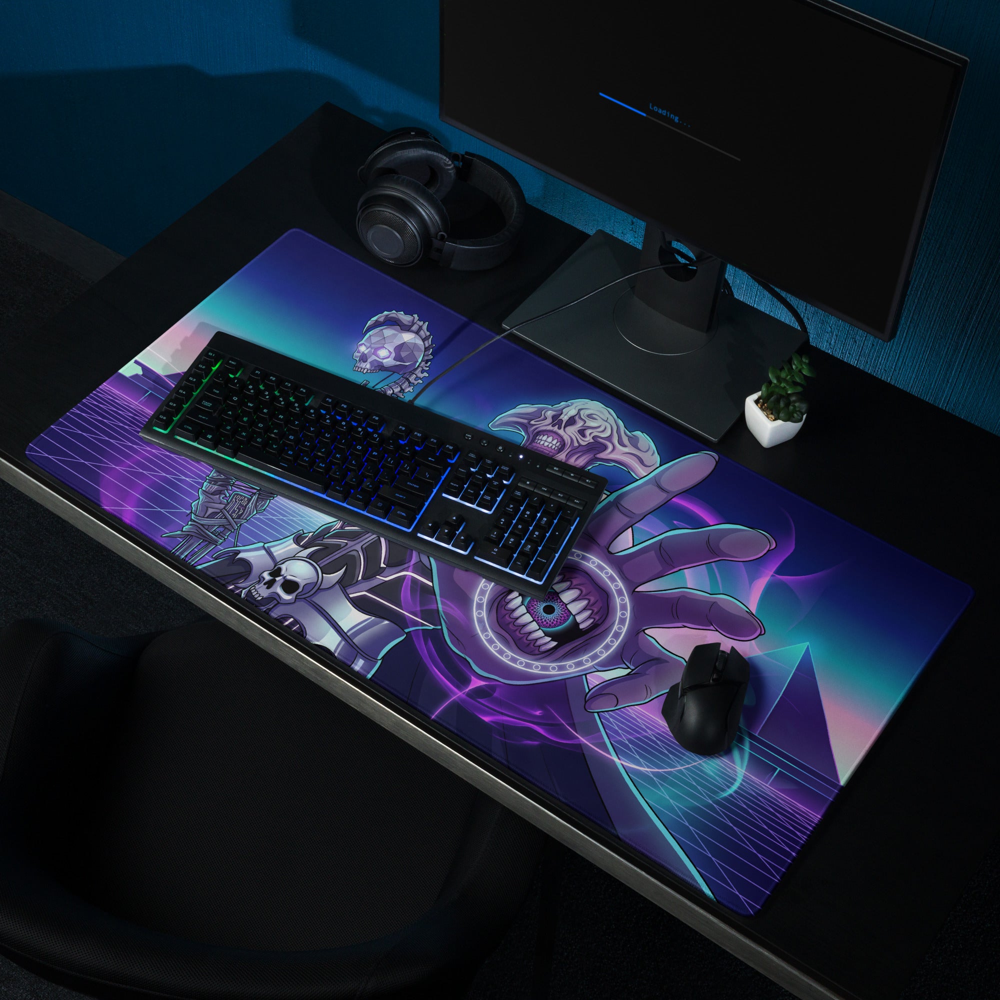 Neon vaporwave gamer pad gaming mouse pad with vibrant purple and blue neon hand skull and geometric design