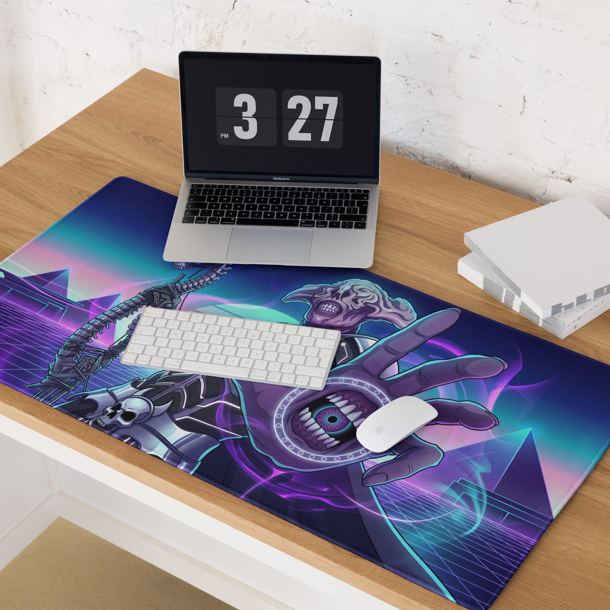 A vibrant rectangular gaming mousepad with a cyberpunk skeletal hand design in purple and blue neon vaporwave hues