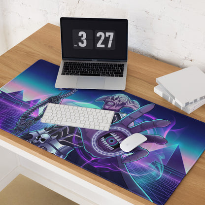 A vibrant rectangular gaming mousepad with a cyberpunk skeletal hand design in purple and blue neon vaporwave hues