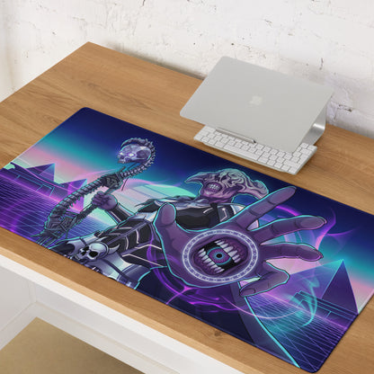 A vibrant rectangular gaming mousepad with cyberpunk purple and teal neon hues for energetic vaporwave gamers