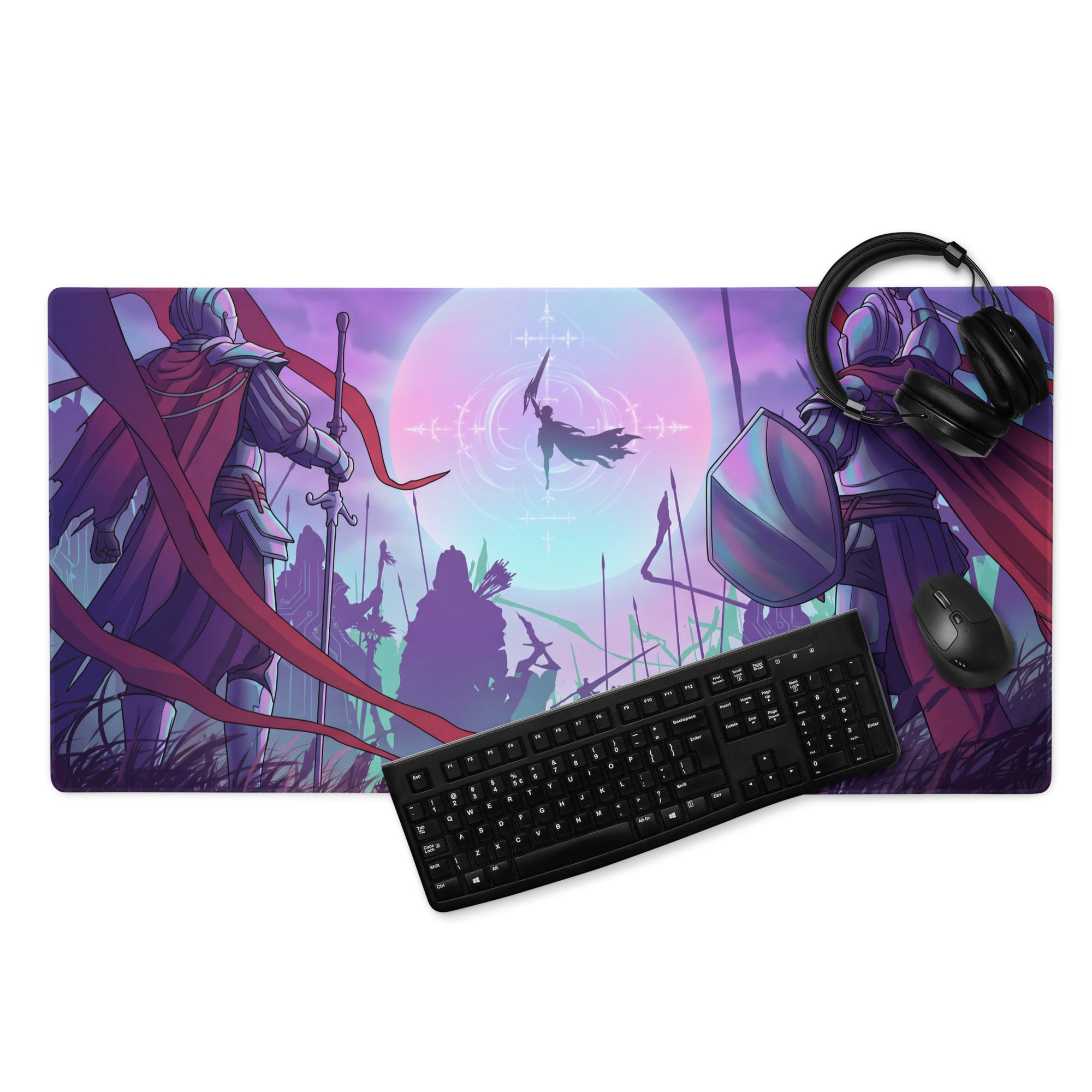 Vaporwave neon knight pad gaming mouse pad with purple pink armored knights floating warrior and celestial background