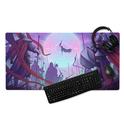 Vaporwave neon knight pad gaming mouse pad with purple pink armored knights floating warrior and celestial background