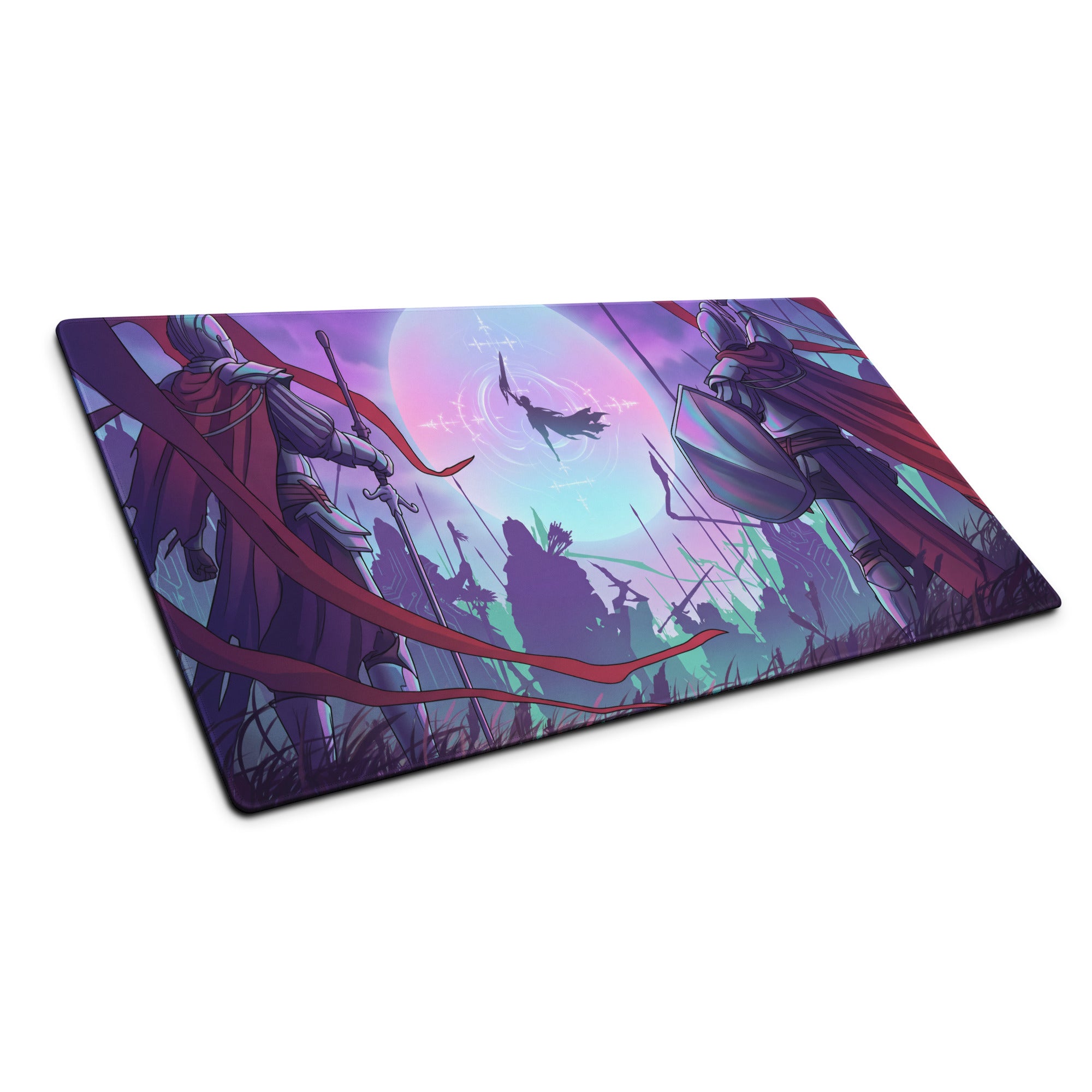 Vaporwave neon knight pad gaming mouse pad with purple and red armored knights in a fantasy battle scene
